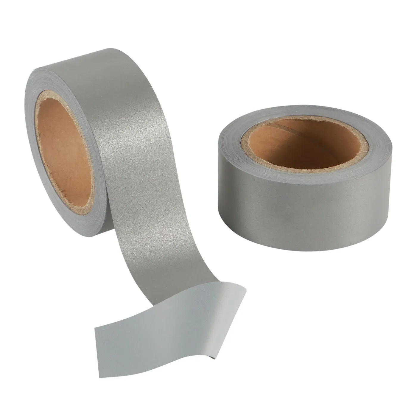 Polyester reflective tape — two silver-coated rolls on white, one unrolled to show the coated face