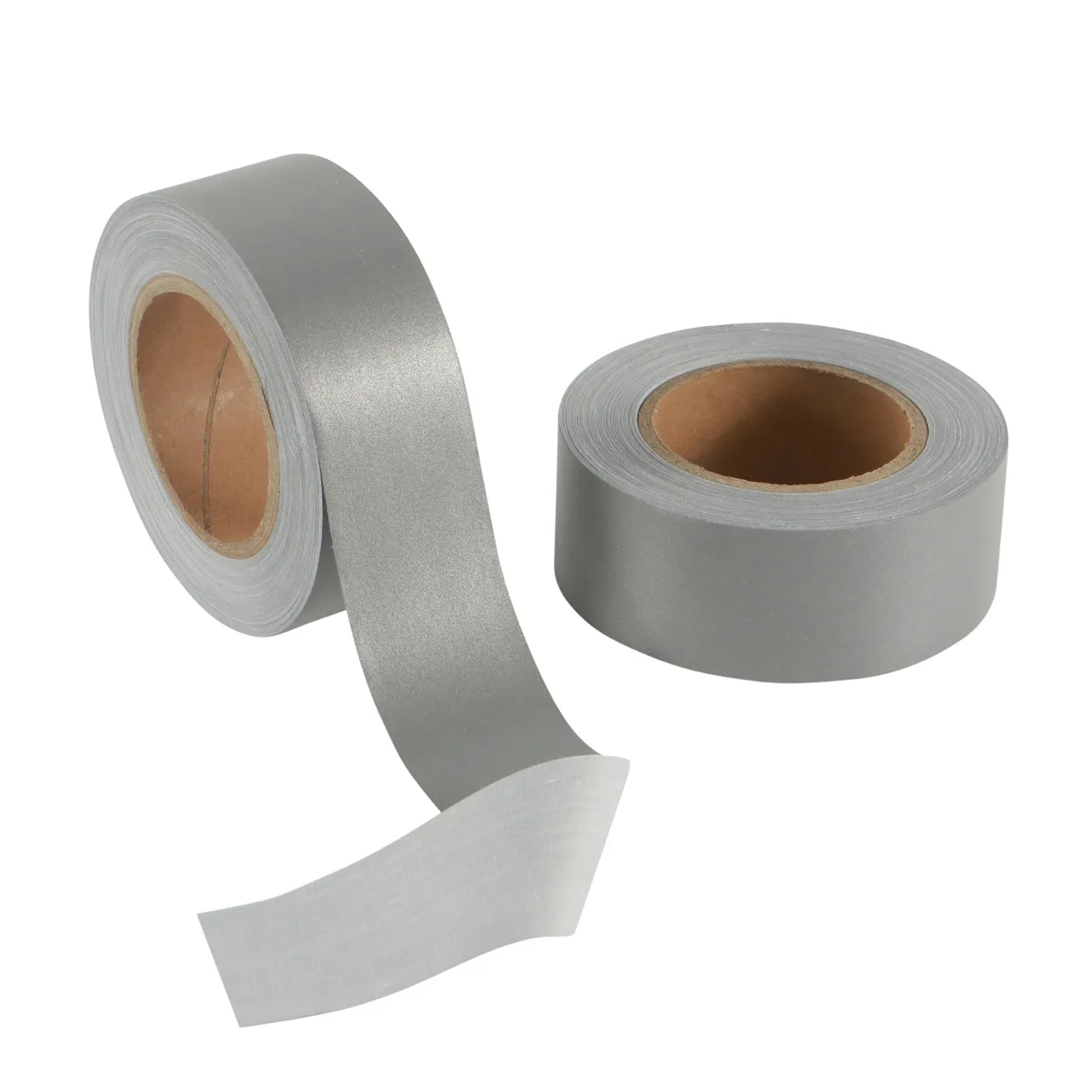 TC reflective cloth in bright silver, two rolls with a folded tail showing the coated face